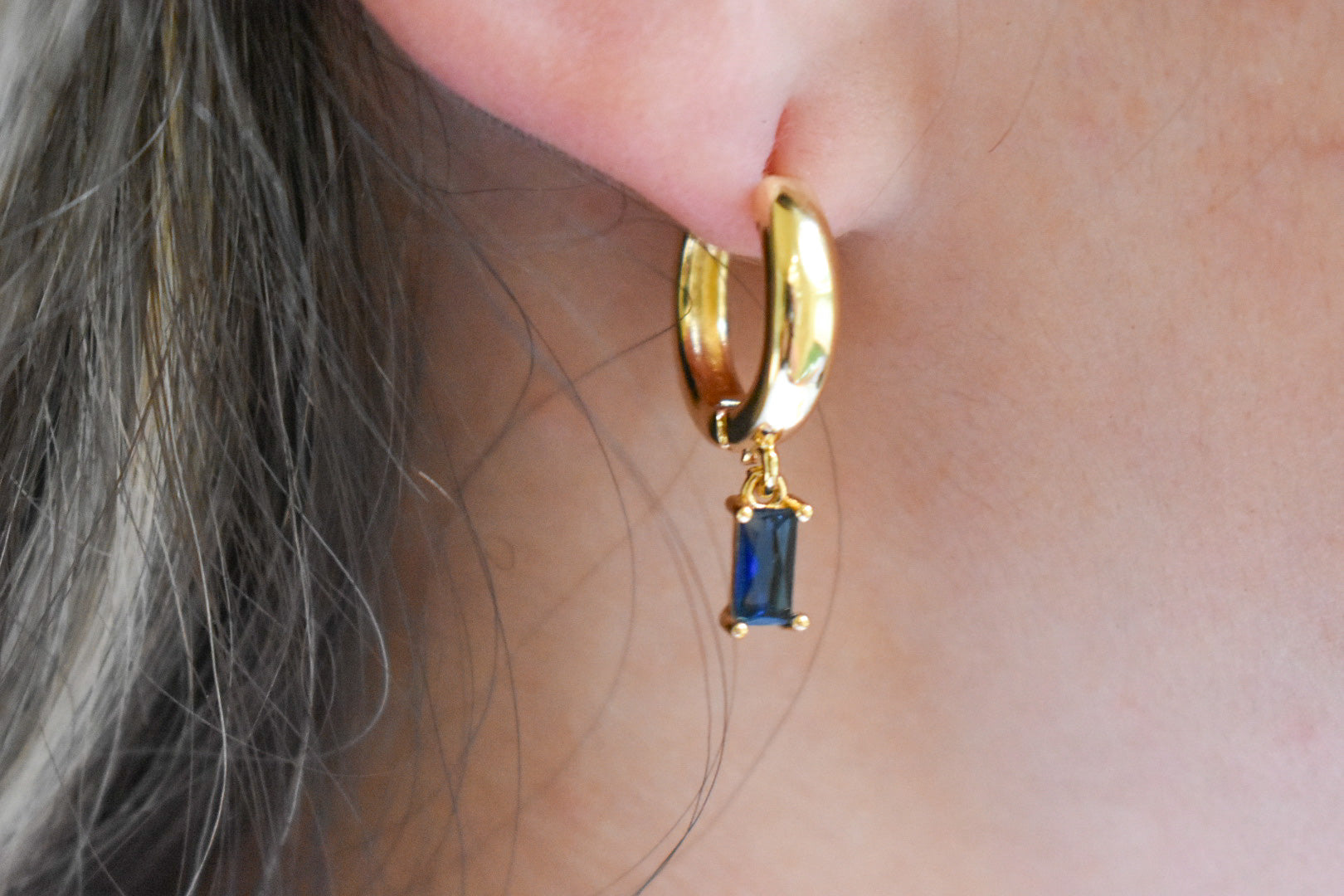 Chunky Gold Blue Gem Huggies