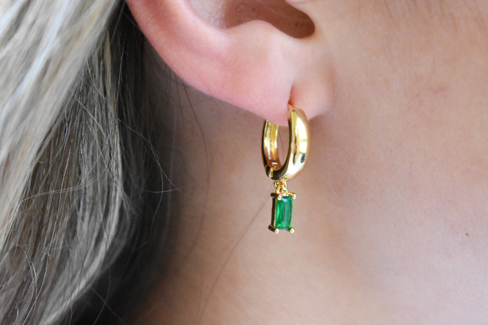 Chunky Gold Green Gem Huggies