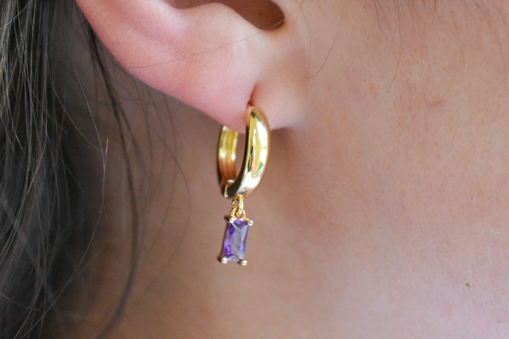 Chunky Gold Purple Gem Huggies