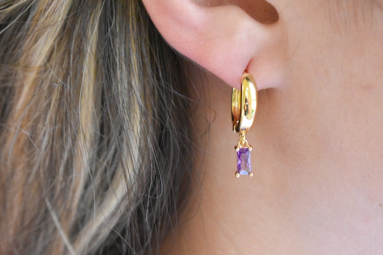 Chunky Gold Purple Gem Huggies