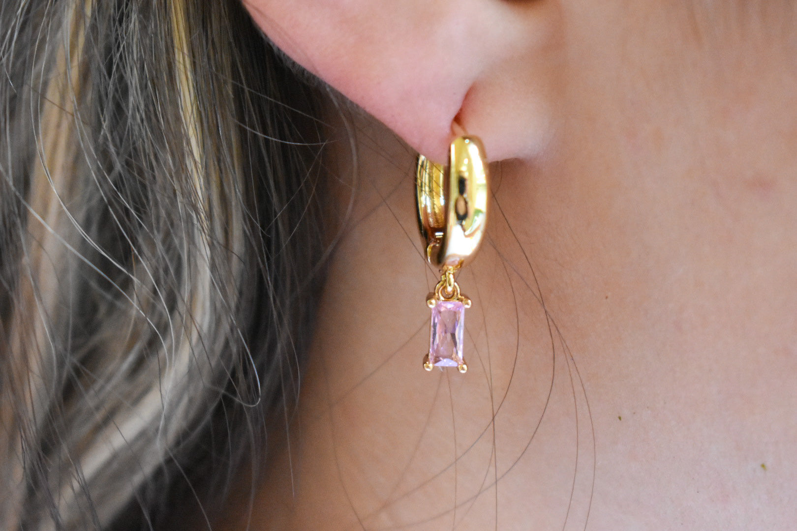 Chunky Gold Pink Gem Huggies