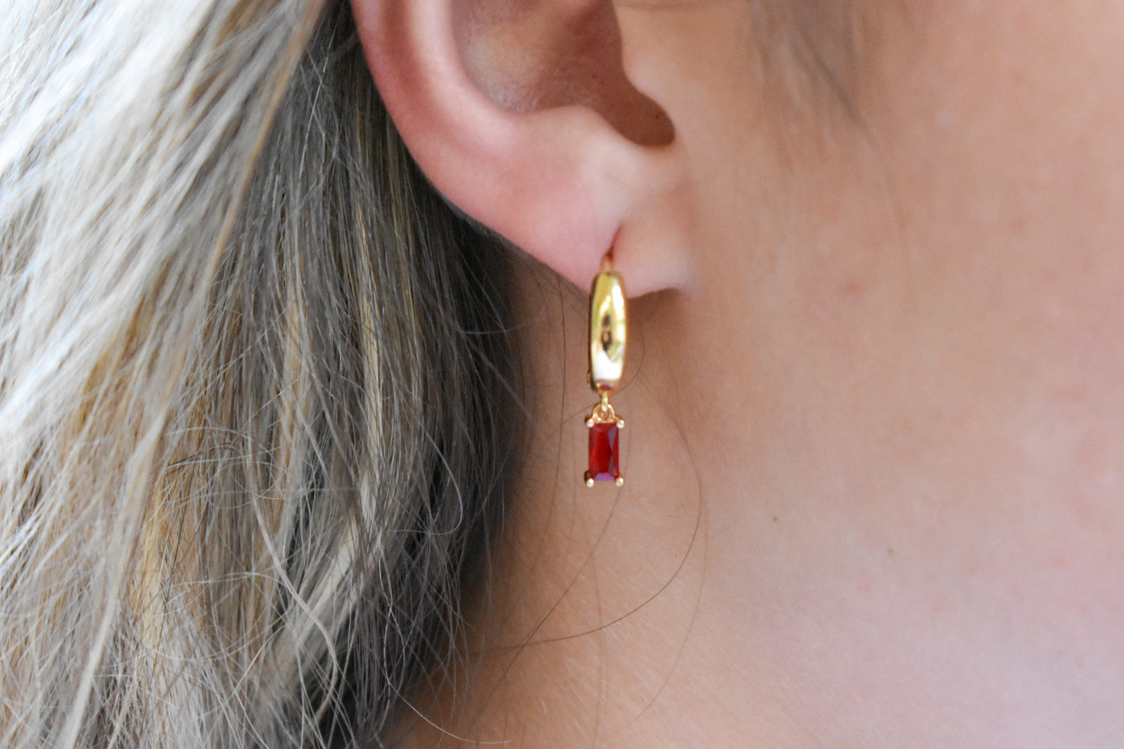 Chunky Gold Red Gem Huggies
