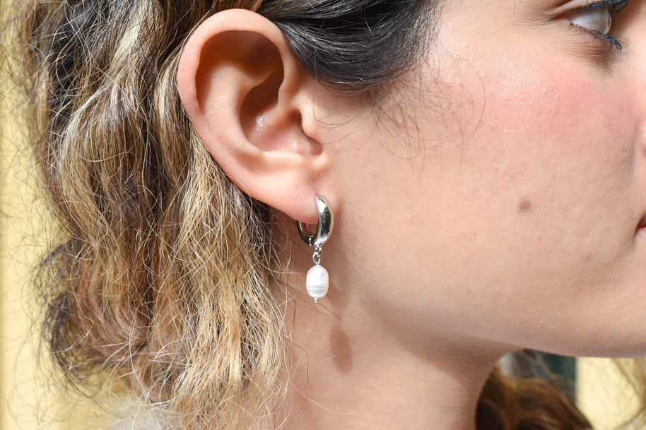 Chunky Silver Pearl Huggies